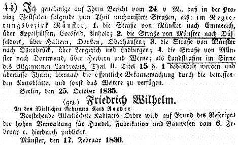 Erklärung der Straße zur Landstraße vom 25.10.1835